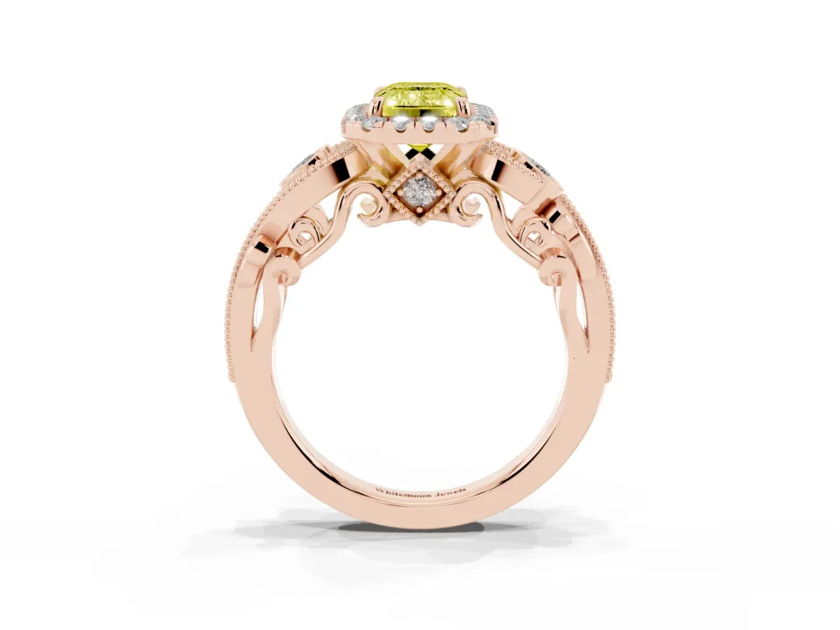 Fancy Yellow Emerald Cut Diamond Halo Ring with Milgrain Pavé Band and Four-Prong Setting Rose gold