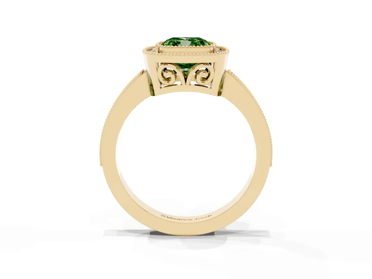 Fancy Green Cushion Cut Cut Halo Diamond Ring with Pavé Band and Milgrain Prong Setting Yellow gold