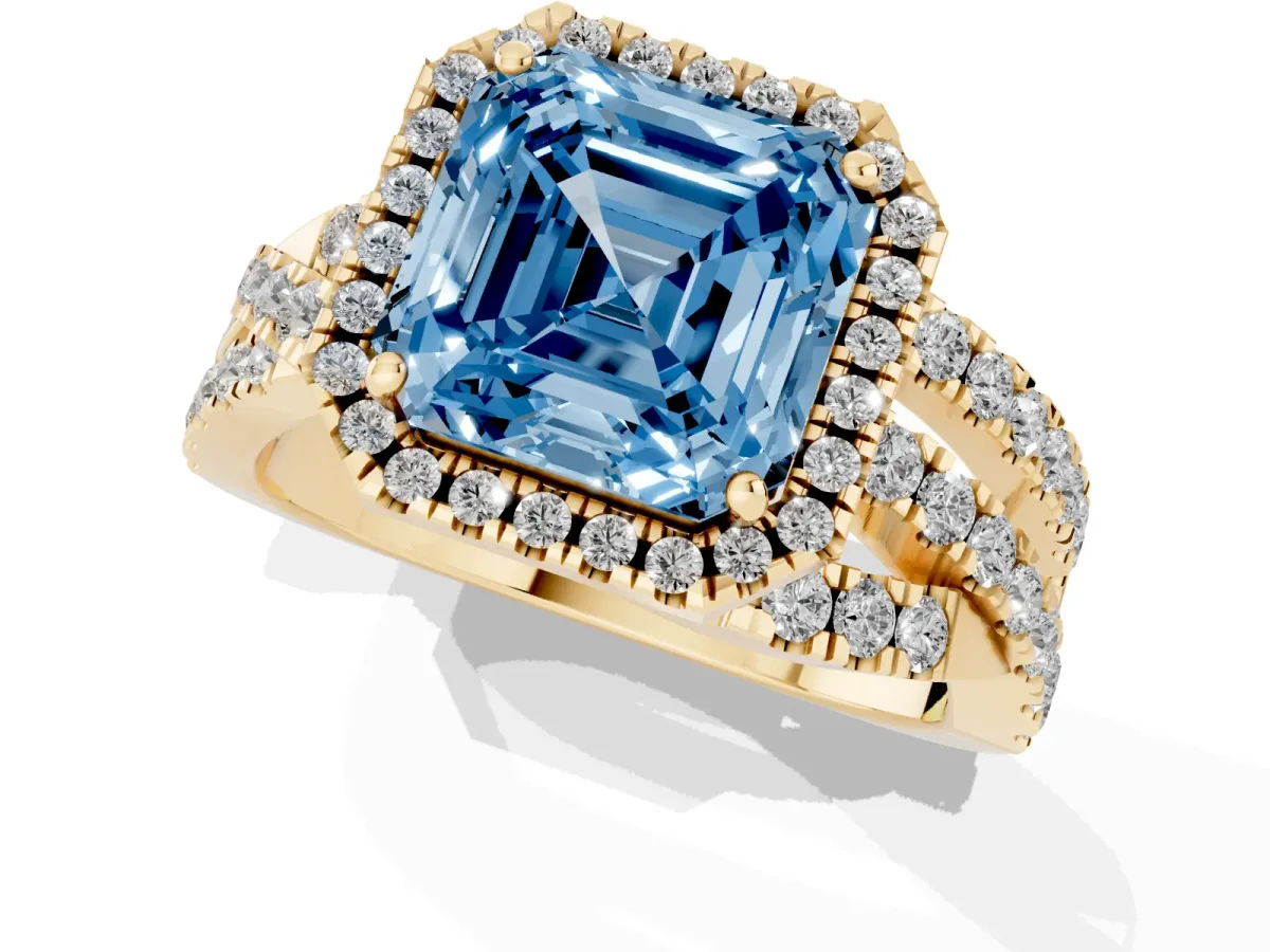 Fancy Blue Asscher Cut Diamond Halo Ring with Round Split Shank and Prong Setting Yellow gold