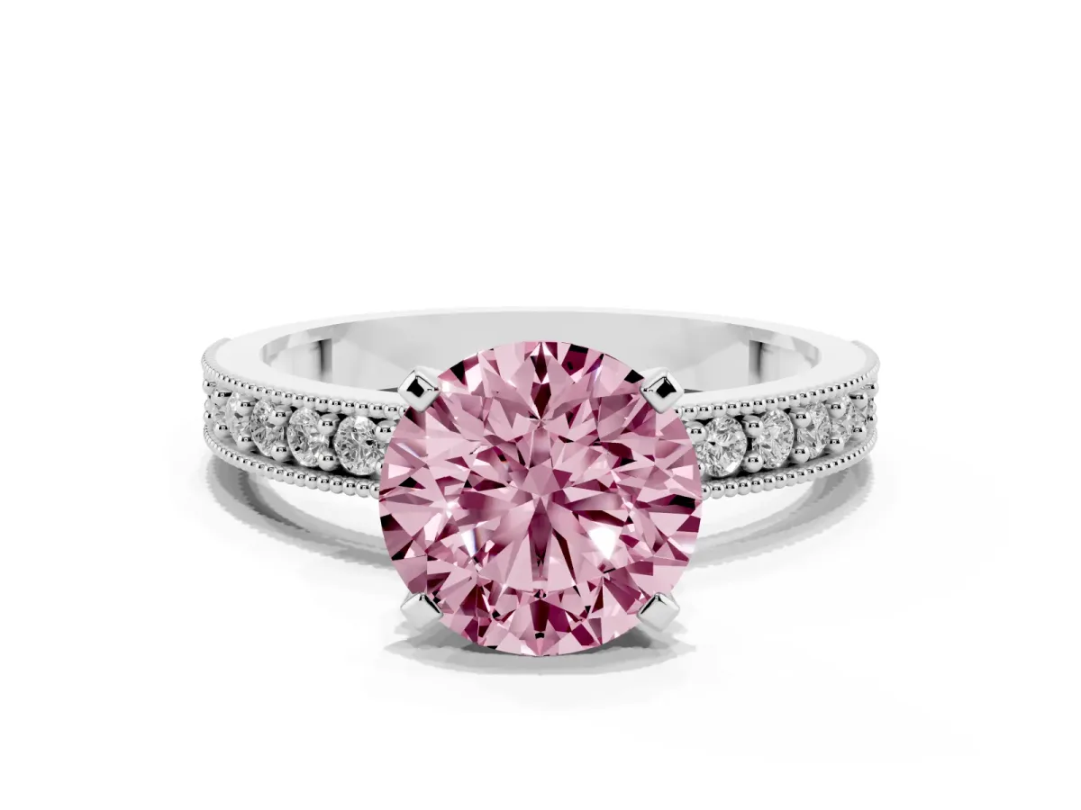 Fancy Pink Round Cut Diamond Milgrain Pavé Engagement Ring with Four-Prong Setting Silver