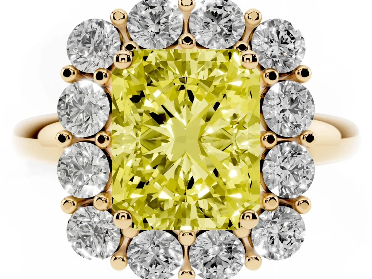 Fancy Yellow Radiant Cut Halo Cluster Diamond Engagement Ring with Prong Setting and Polished Band Yellow gold