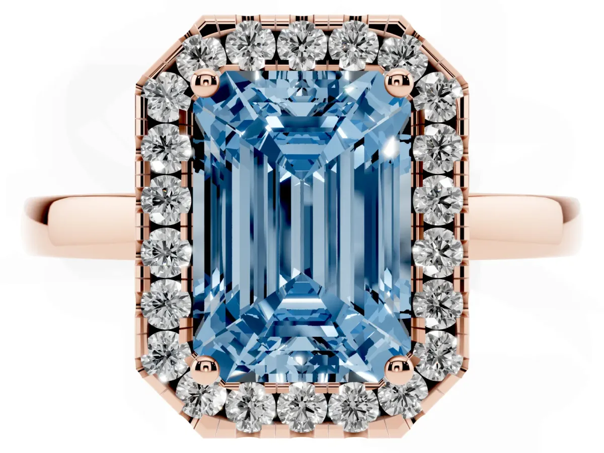 Fancy Blue Emerald Cut Halo Diamond Solitaire with Pavé Band and Four-Prong Setting Rose gold