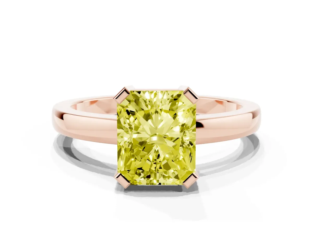 Fancy Yellow Radiant Cut Cut Solitaire Ring with Four-Prong Setting and Classic Band Rose gold