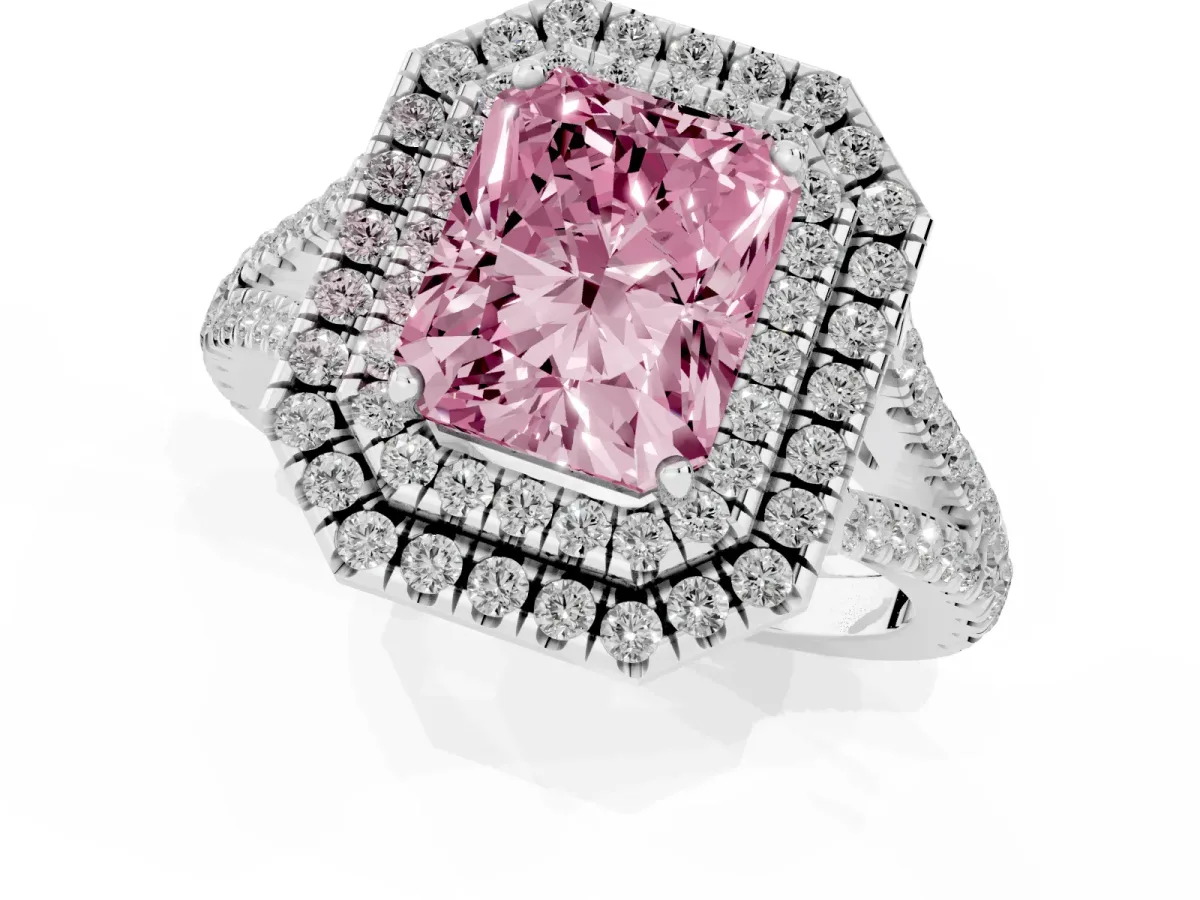 Fancy Pink Radiant Cut Diamond Double Halo Ring with Pavé Band and Prong Setting Silver