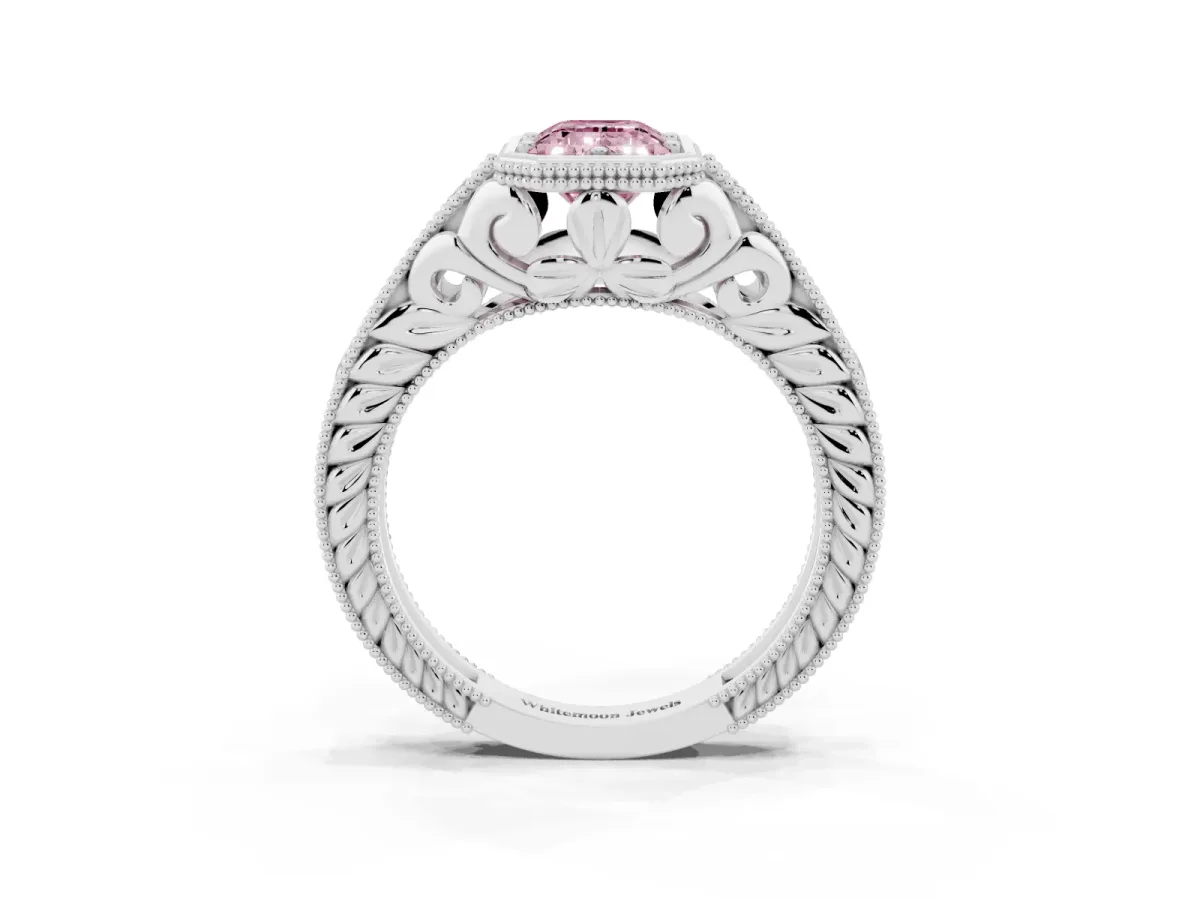 Fancy Pink Bezel Set Emerald Cut Diamond Milgrain Pave Engagement Ring Platinum