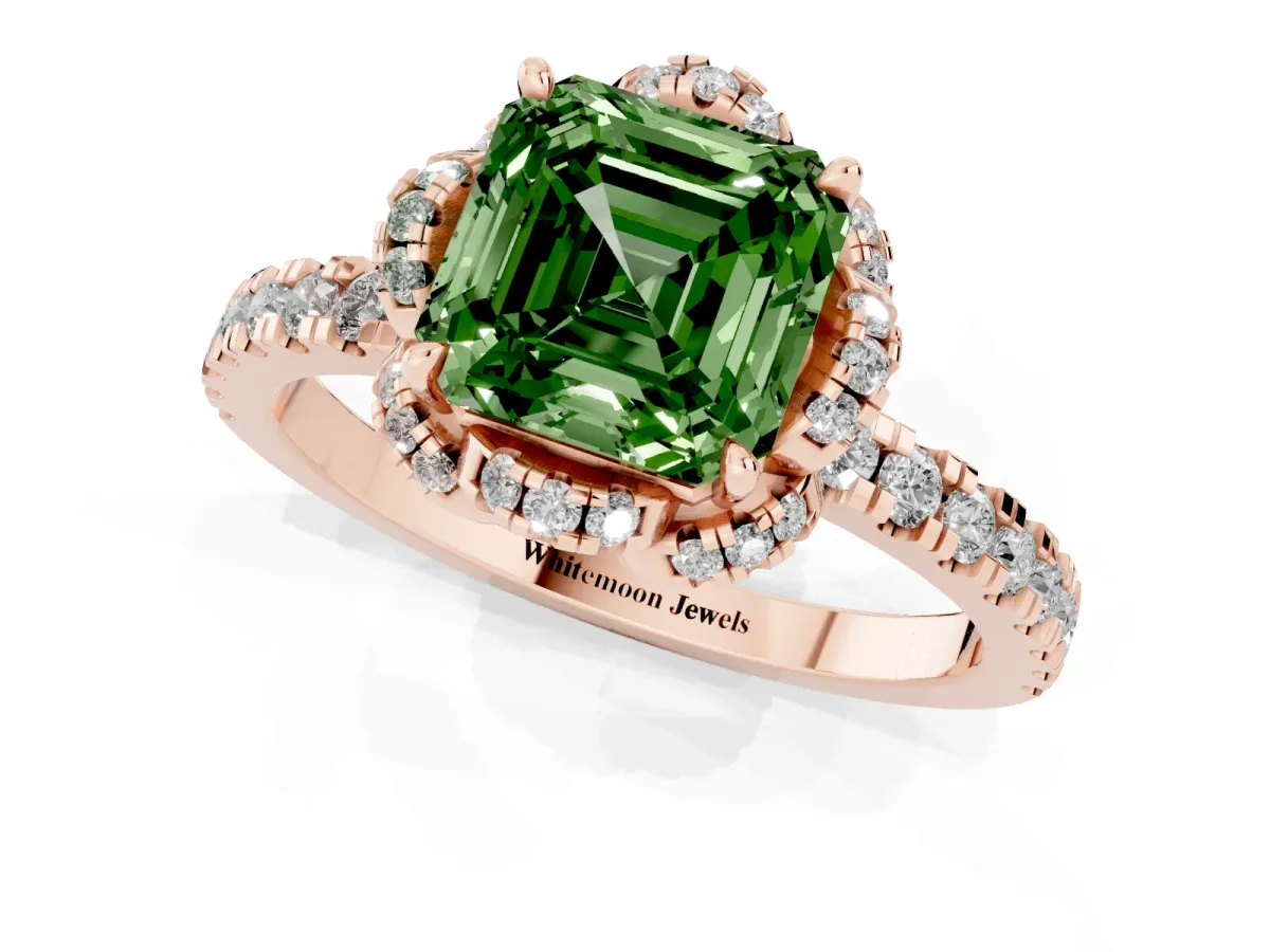 Fancy Green Asscher Cut Halo Diamond Pave Band Ring with Four-Prong Setting Rose gold