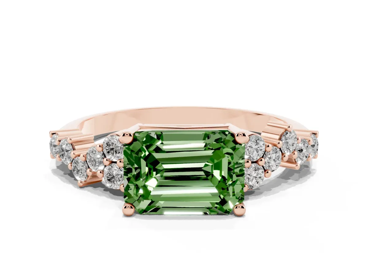 Fancy Green Emerald Cut Diamond Scattered Round Accent Ring with Prong Setting Rose gold
