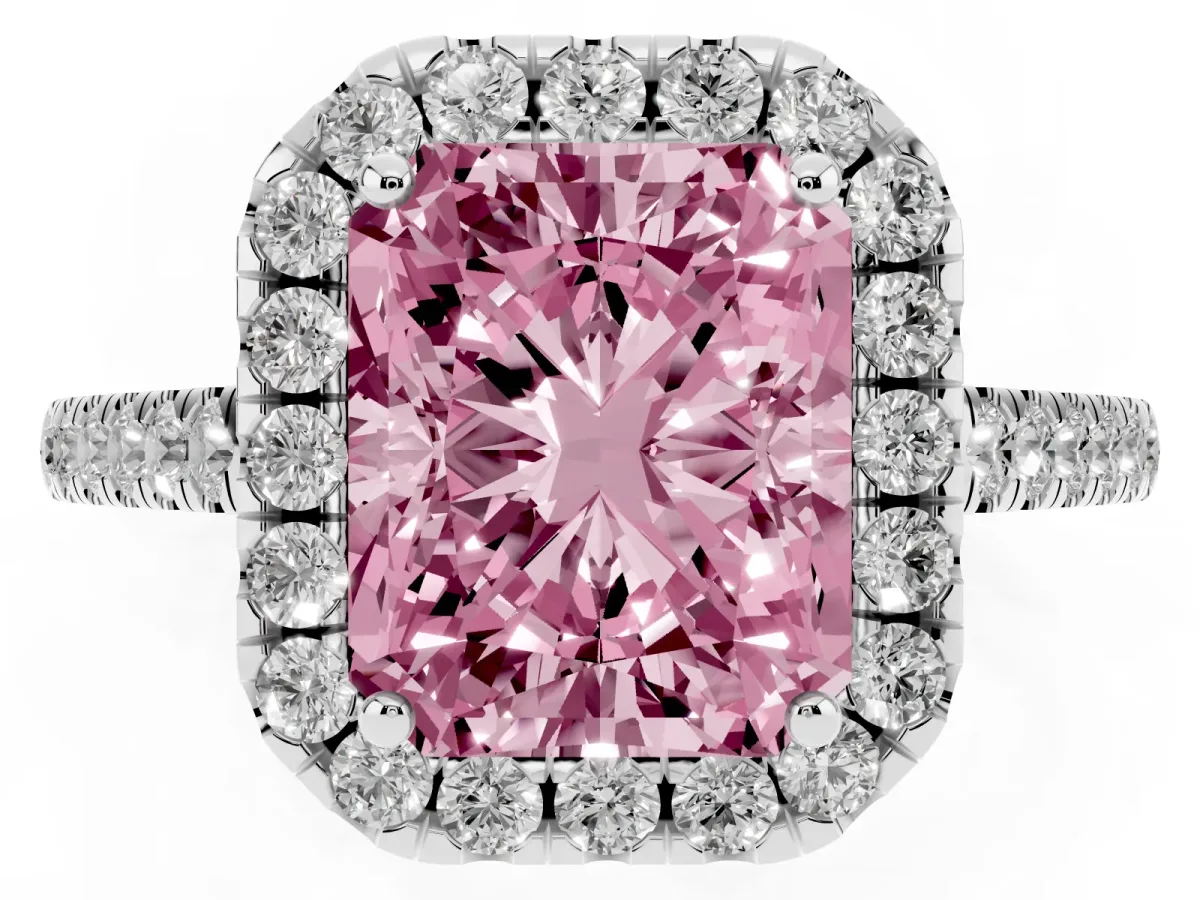 Fancy Pink Radiant Cut Halo Pavé Diamond Engagement Ring with Four-Prong Setting Silver