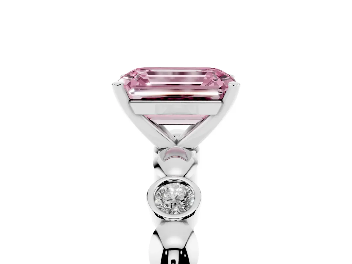 Fancy Pink Emerald Cut Solitaire Bezel-Set Diamond Ring with Beaded Band and Four-Prong Setting Silver