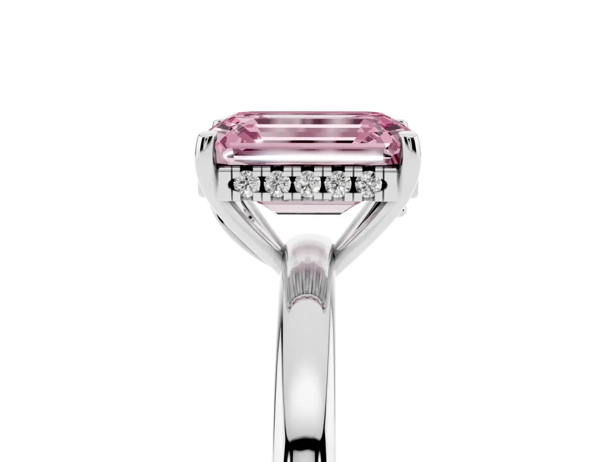 Fancy Pink Emerald Cut Solitaire Diamond Ring with Prong Setting and Plain Band Silver