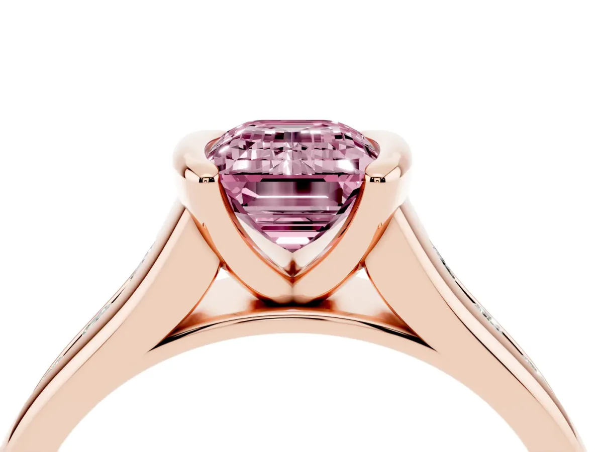 Fancy Pink Emerald Cut Solitaire Bezel-Set Diamond Ring with Channel-Set Band Rose gold