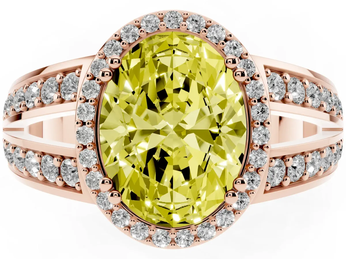 Fancy Yellow Oval Cut Diamond Halo Ring with Split Shank Pavé Band and Four-Prong Setting Rose gold