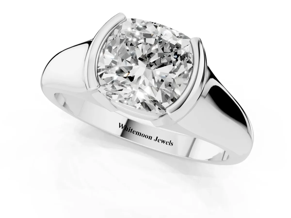 Cushion Cut Solitaire Tension Set Diamond Ring with Split Shank Band White gold
