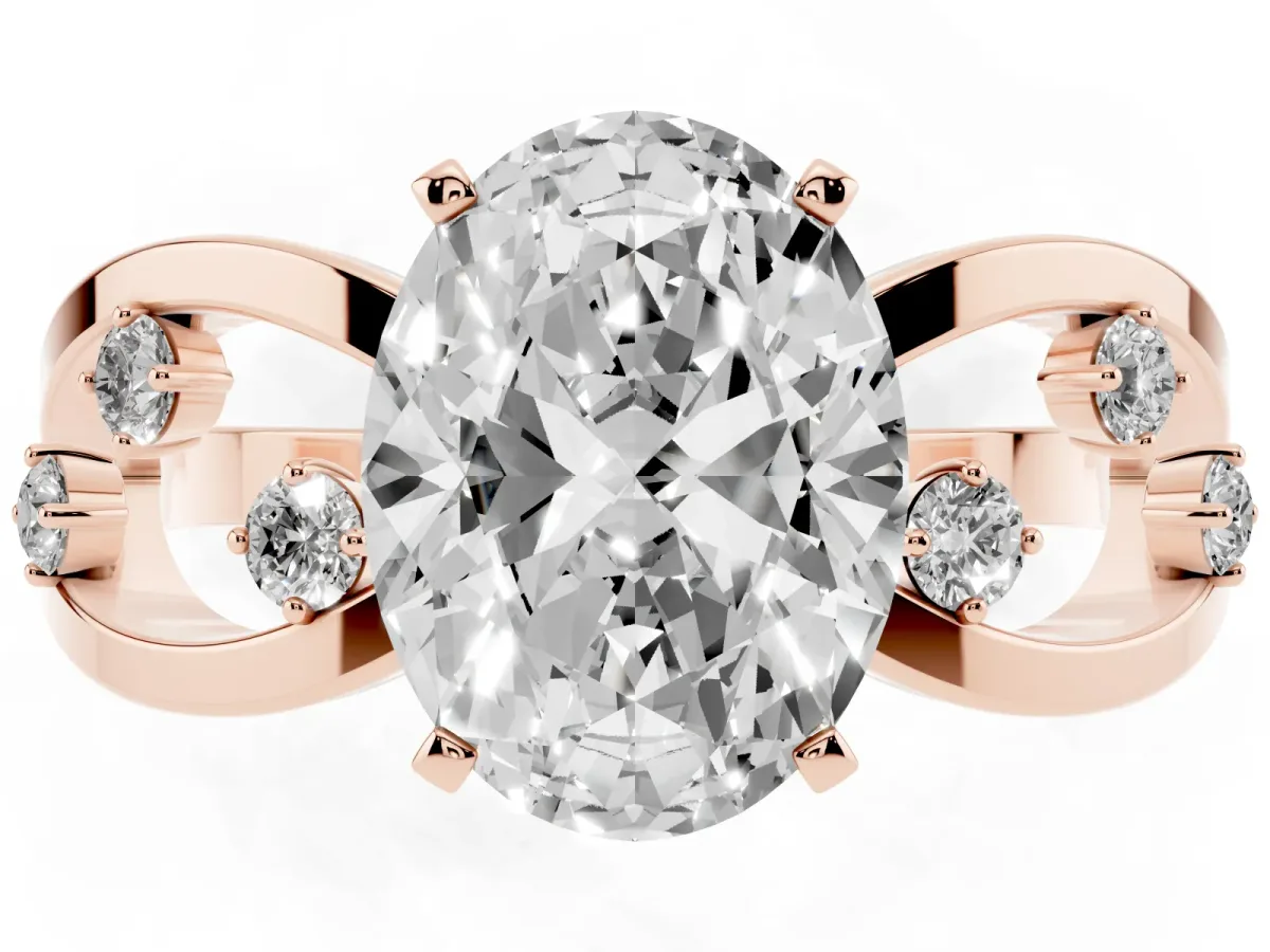 Oval Cut Cut Solitaire Diamond with Side Stones on Criss-Cross Band and Four-Prong Setting Rose gold