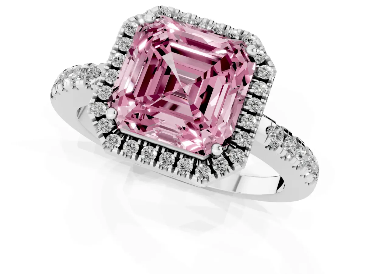 Fancy Pink Asscher Cut Halo Diamond Engagement Ring with Pavé Band and Four-Prong Setting Platinum