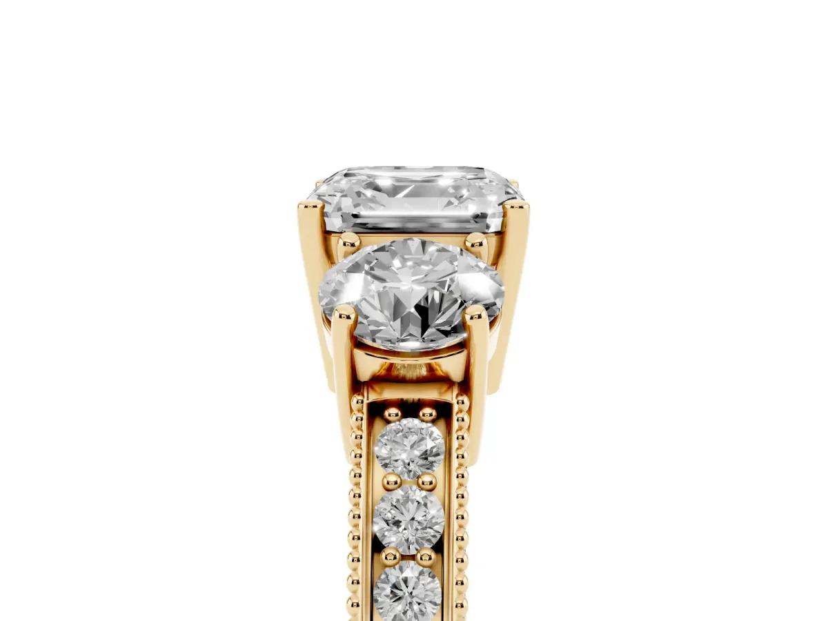 Asscher Cut Three-Stone Diamond Ring with Pavé Band and Four-Prong Setting Yellow gold