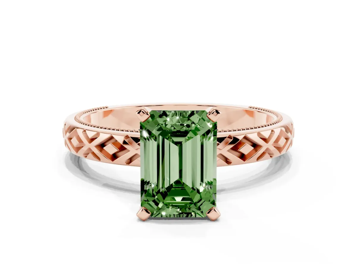 Fancy Green Emerald Cut Solitaire Diamond Ring with Milgrain and Black Enamel X Pattern Band Rose gold