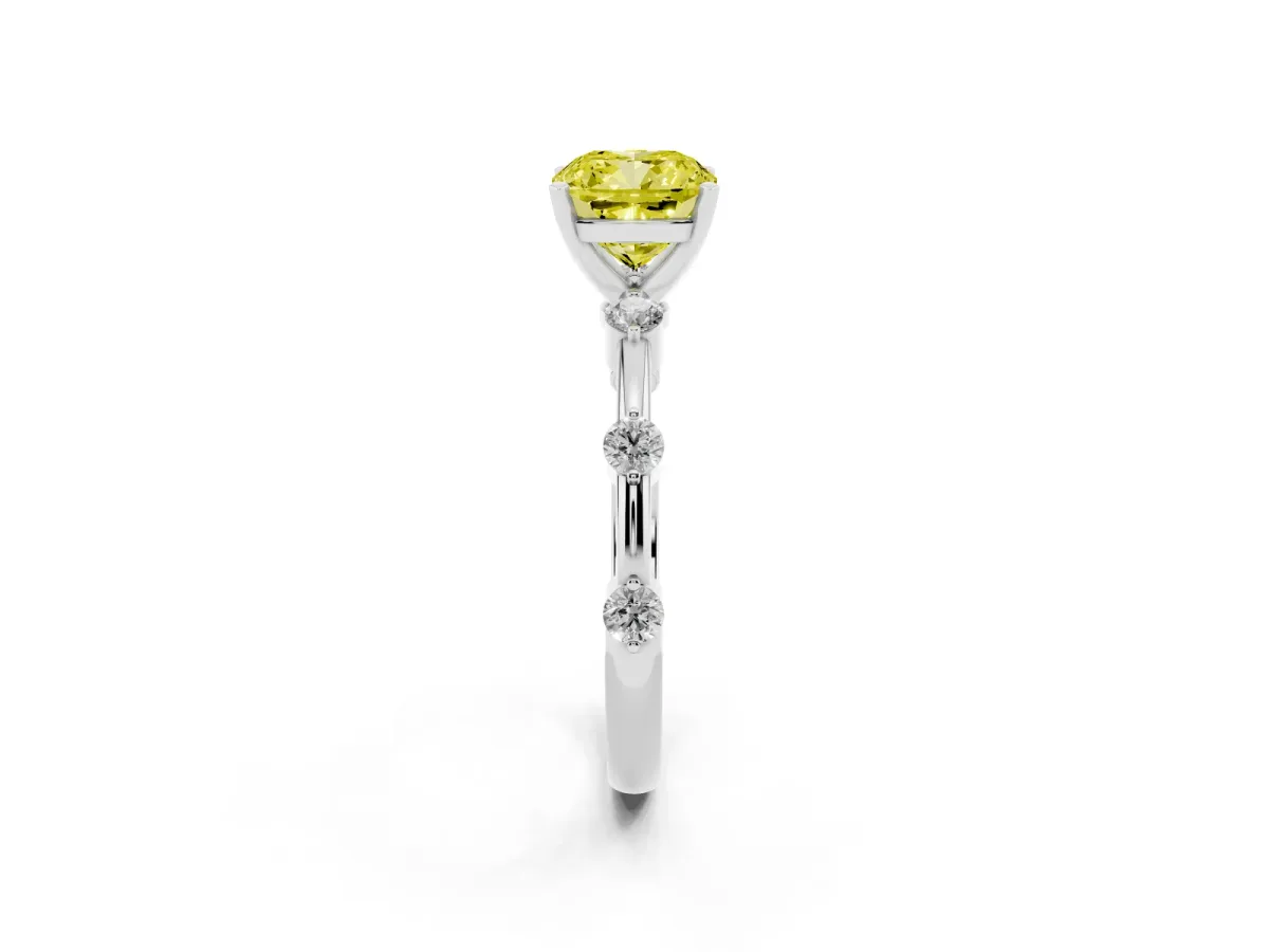 Fancy Yellow Cushion Cut Solitaire Diamond Ring with Bezel Set Side Stones and Prong Setting Silver