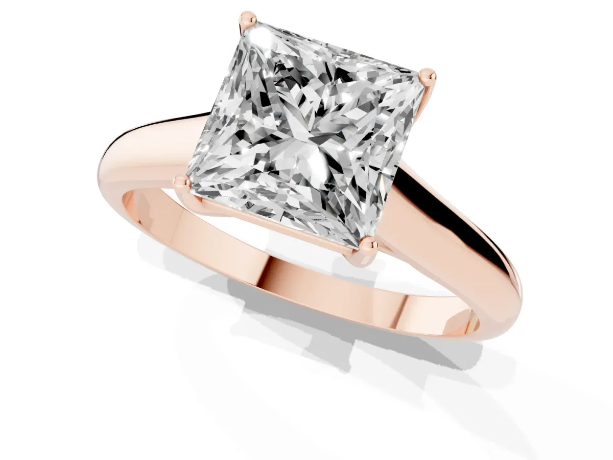 Princess Cut Solitaire Engagement Ring with Tapered Band and Four-Prong Setting Rose gold