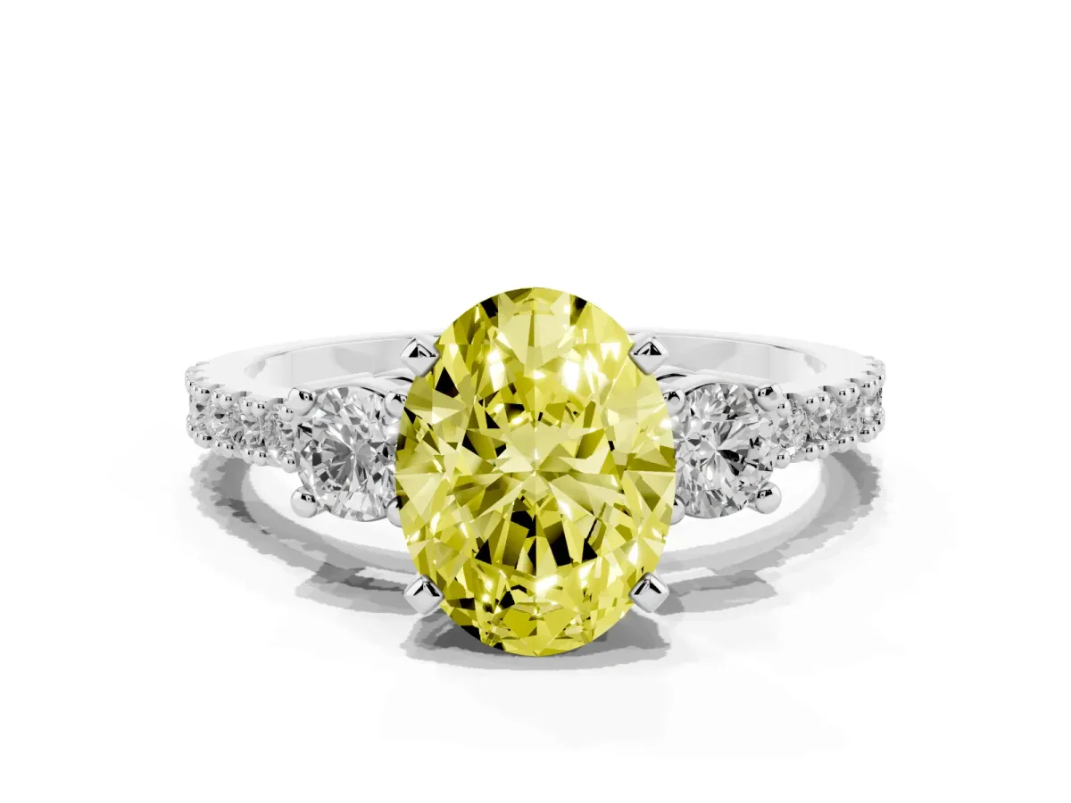 Fancy Yellow Oval Cut Three-Stone Diamond Pavé Band with Prong Setting Platinum