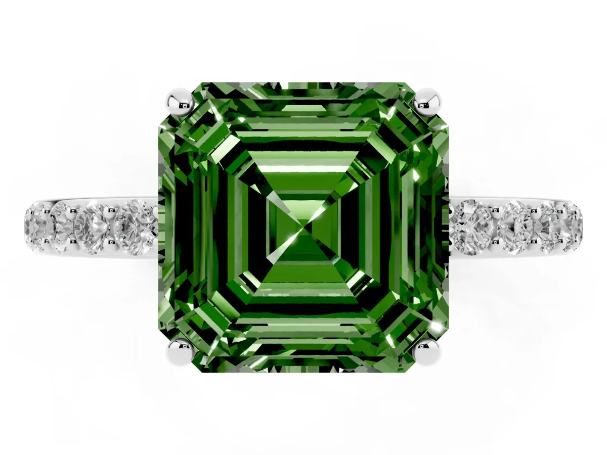 Fancy Green Asscher Cut Diamond Solitaire Ring with Round Pavé Shoulders and Prong Setting Silver