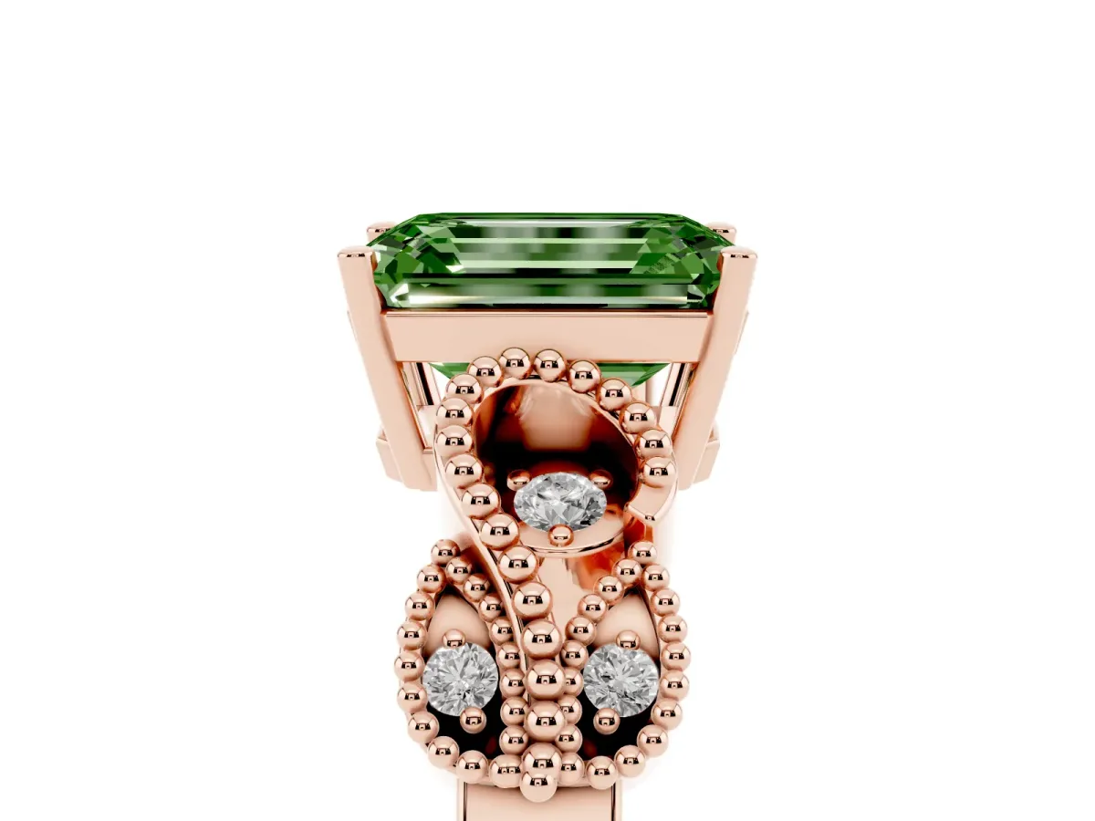 Fancy Green Emerald Cut Solitaire Milgrain Leaf Band with Prong Setting Rose gold