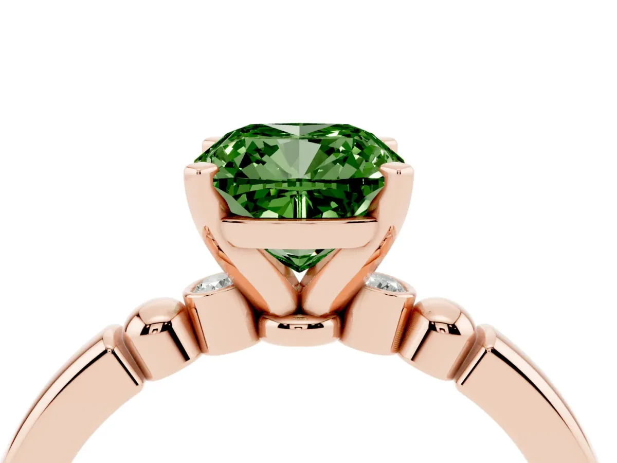Fancy Green Cushion Cut Solitaire Beaded Band with Four-Prong Setting Rose gold