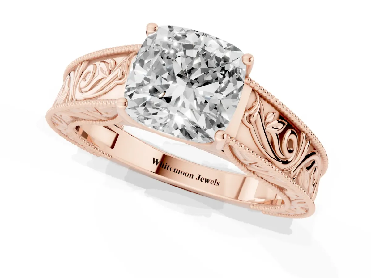 Cushion Cut Diamond Solitaire Ring with Engraved Band and Four-Prong Setting Rose gold