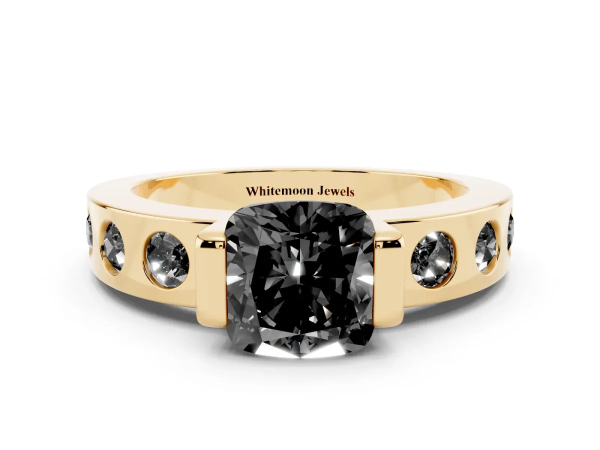 Fancy Black Cushion Cut Brilliant Channel-Set Diamond Ring with Bezel Prong Setting Yellow gold