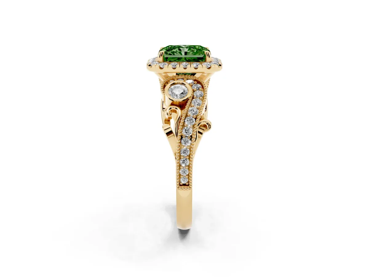Fancy Green Radiant Cut Halo Diamond Ring with Milgrain and Bezel Accents on a Split Shank Band Yellow gold