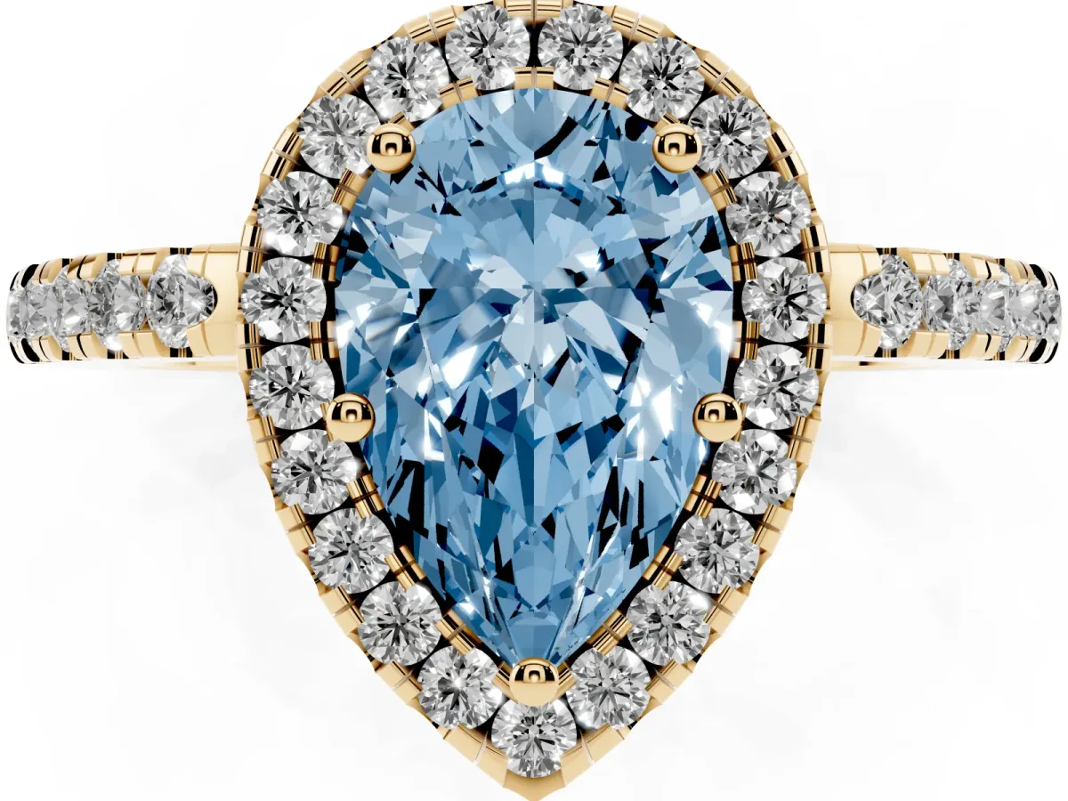 Fancy Blue Pear Cut Halo Diamond Engagement Ring with Pavé Band and Four-Prong Setting Yellow gold