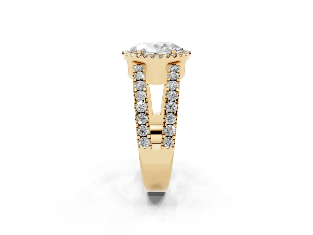 Oval Cut Cut Halo Split Shank Diamond Ring with Four-Prong Setting Yellow gold