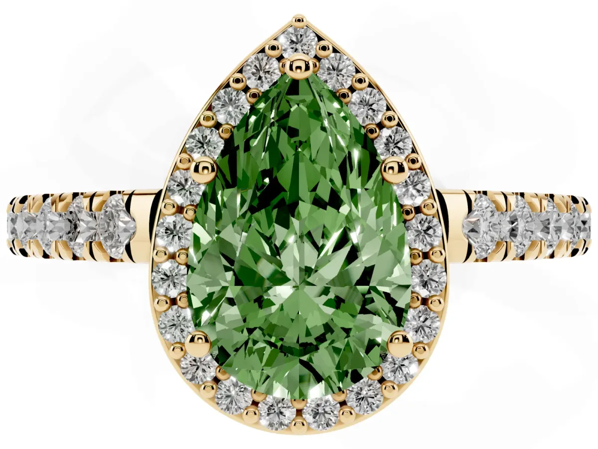 Fancy Green Pear Cut Cut Halo Diamond Engagement Ring with Pave Band and Four-Prong Setting Yellow gold