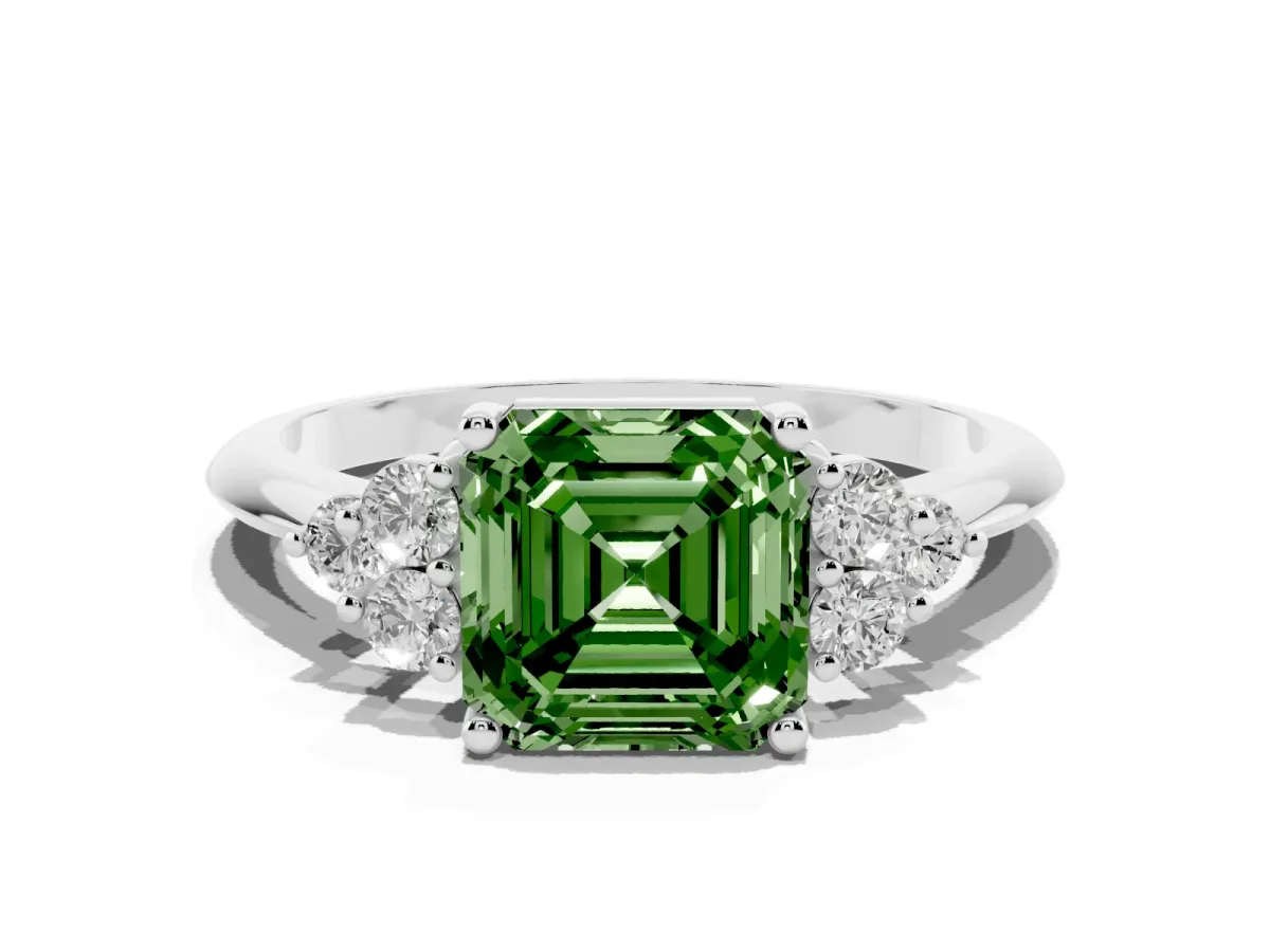 Fancy Green Asscher Cut Cut Diamond Cluster Ring with Solitaire Band and Four-Prong Setting Silver