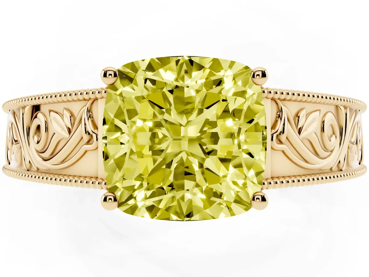 Fancy Yellow Cushion Cut Diamond Solitaire Ring with Engraved Band and Four-Prong Setting Yellow gold