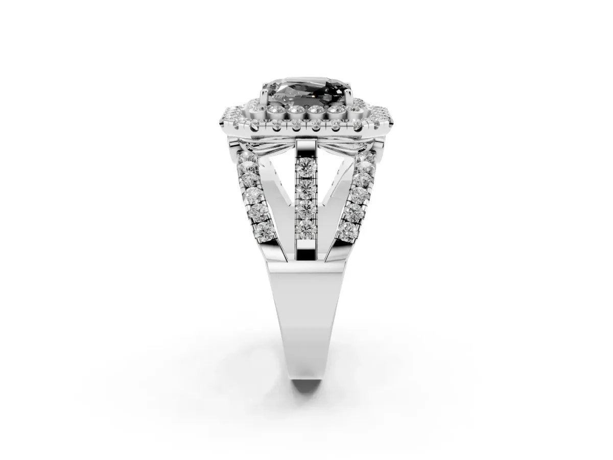 Fancy Black Emerald Cut Diamond Double Halo Ring with Round Pavé Split Shank and Prong Setting Silver