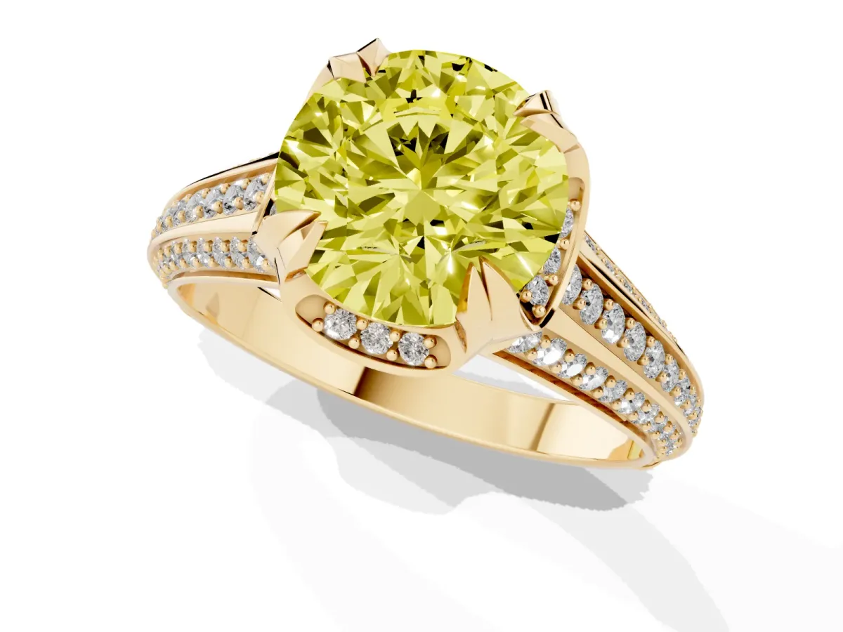 Fancy Yellow Round Cut Solitaire Pave Split Shank Ring with Four-Prong Setting Yellow gold