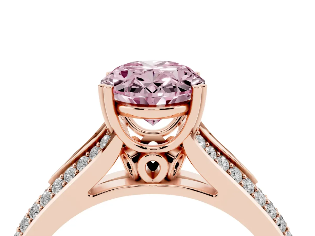 Fancy Pink Oval Cut Diamond Split Shank Engagement Ring with Pavé Band Rose gold