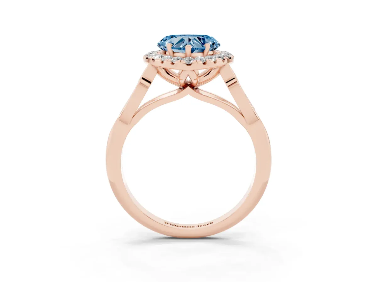 Fancy Blue Heart Cut Halo Diamond Engagement Ring with Filigree Band and Four-Prong Setting Rose gold