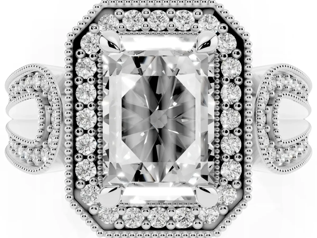 Emerald Cut Halo Split Shank Milgrain Diamond Ring Platinum