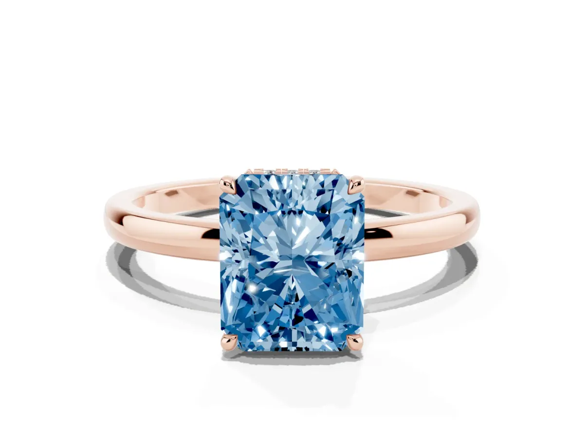Fancy Blue Radiant Cut Solitaire Engagement Ring with Cathedral Band and Four-Prong Setting Rose gold