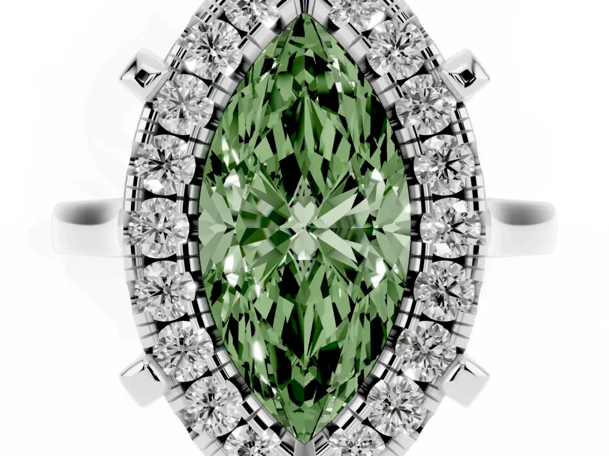 Fancy Green Marquise Cut Diamond Cluster Halo Solitaire with Four-Prong Setting Silver
