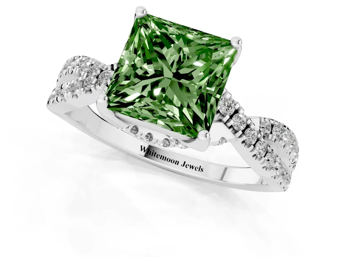 Fancy Green Princess Cut Solitaire Twist Pave Diamond Engagement Ring with Prong Setting Silver