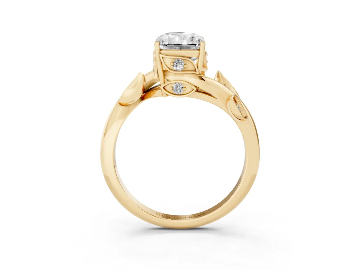 Radiant Cut Solitaire Twist Engagement Ring with Leaf Accents and Prong Setting Yellow gold