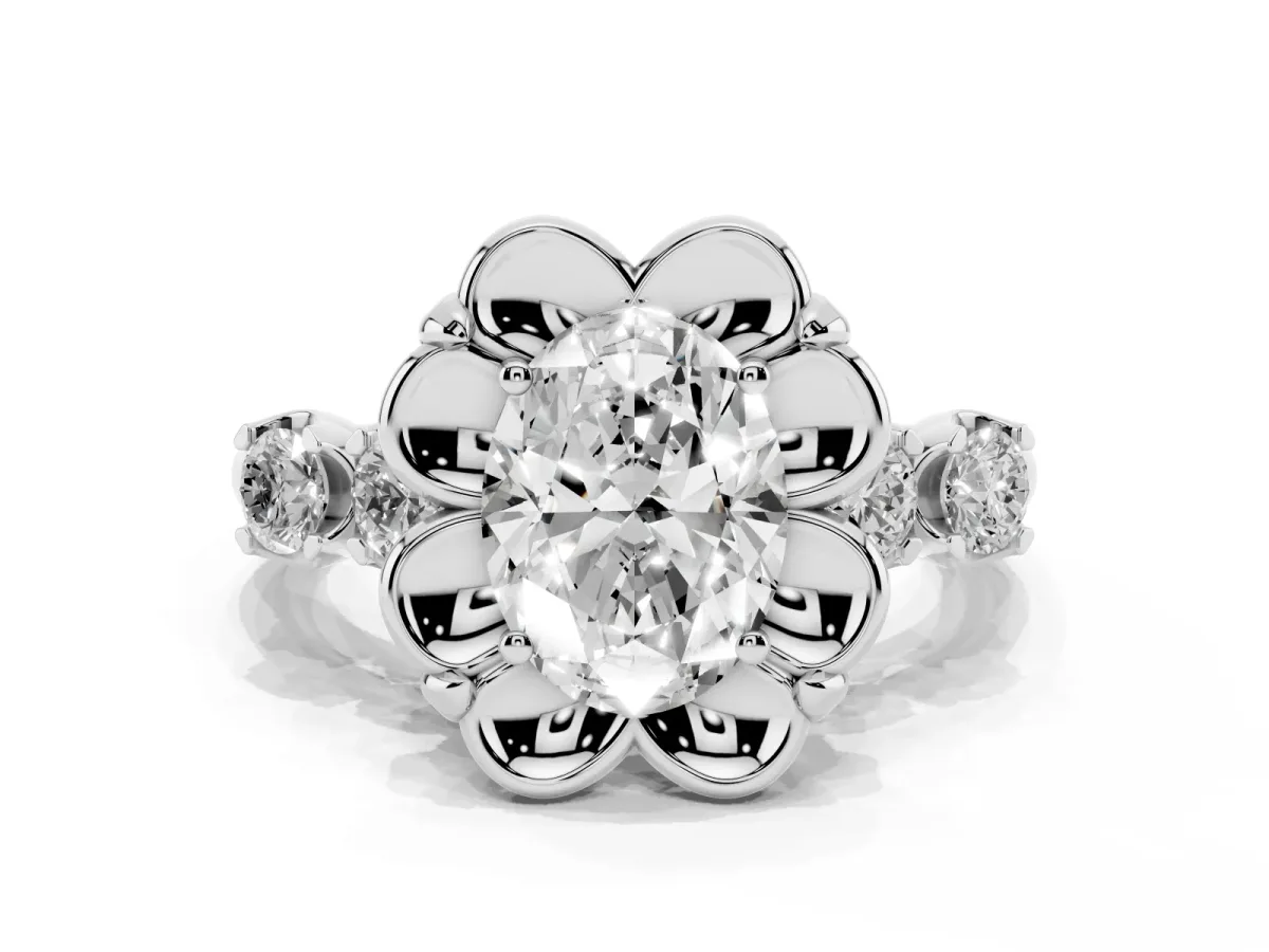 Oval Cut Cut Diamond Floral Halo Engagement Ring with Shared Prong Setting Platinum