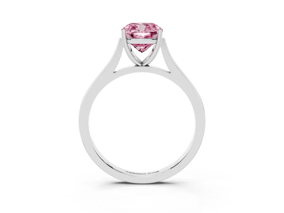 Fancy Pink Cushion Cut Solitaire Heart Prong Engagement Ring with Tapered Band Platinum