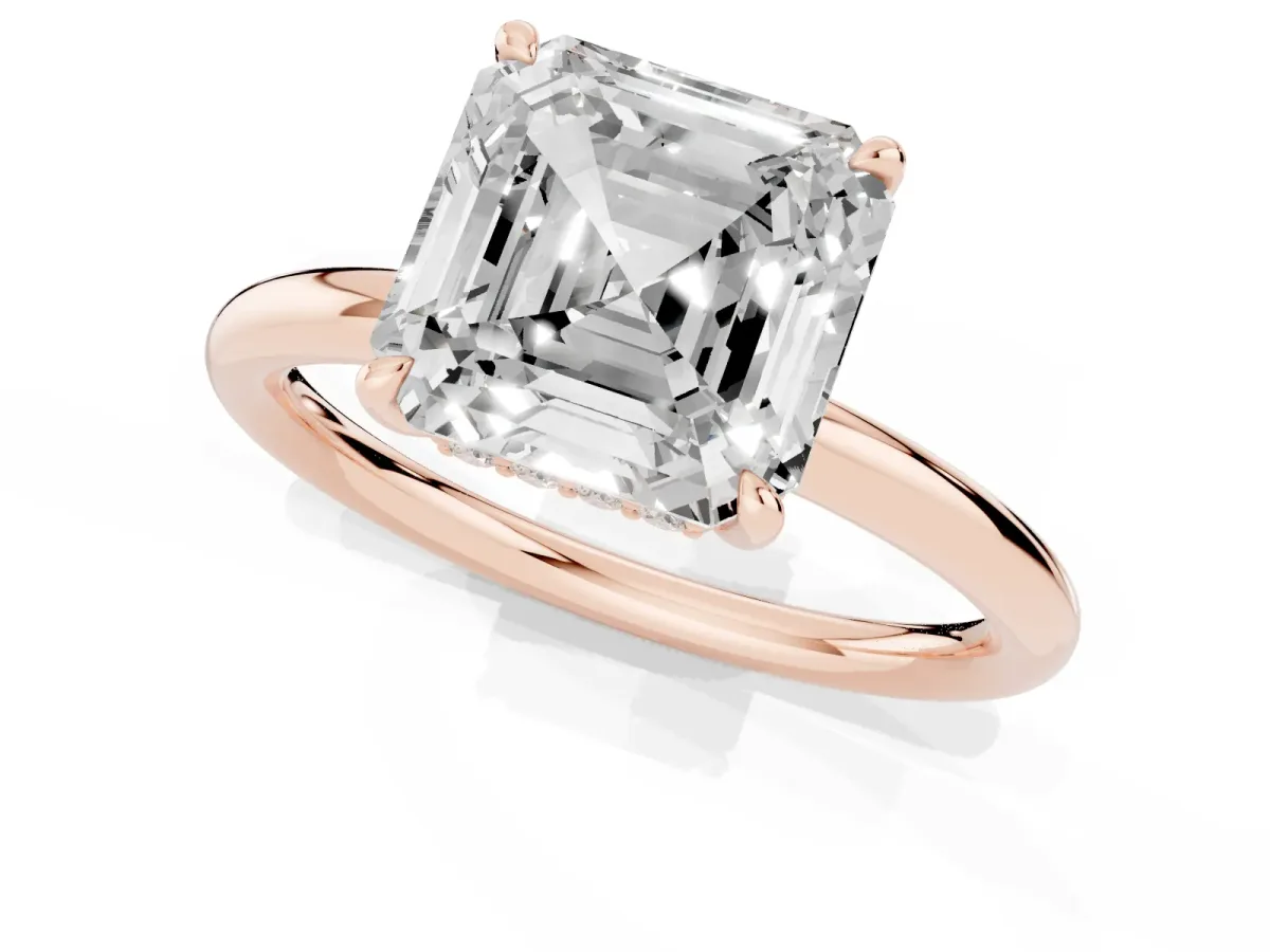 Asscher Cut Diamond Solitaire Ring with Thin Band and Four-Prong Setting Rose gold
