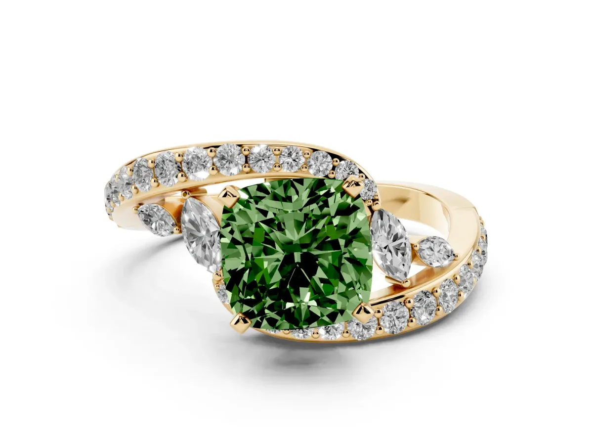 Fancy Green Cushion Cut Solitaire with Pavé Twist Band and Four-Prong Setting Yellow gold