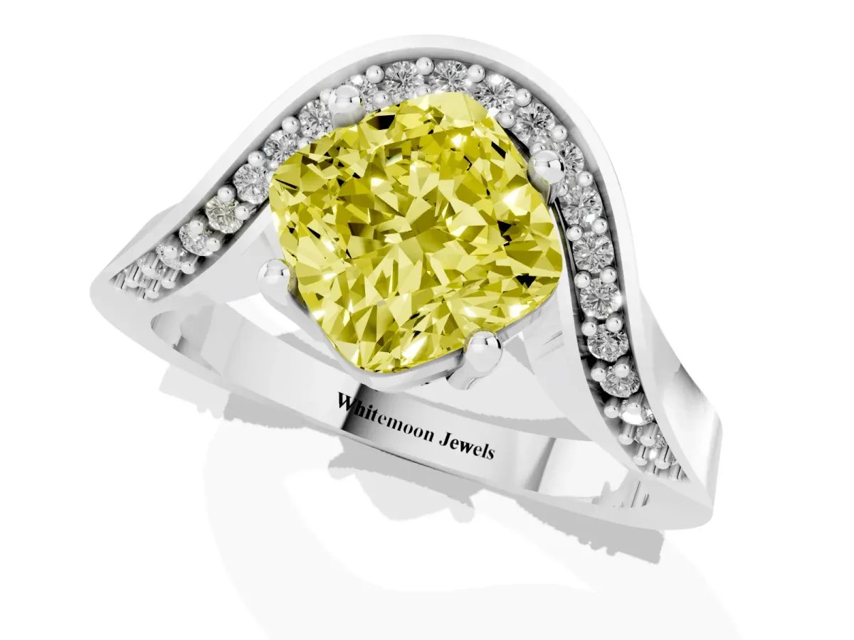 Fancy Yellow Cushion Cut Solitaire Diamond Engagement Ring with Pave Band and Four-Prong Setting Silver