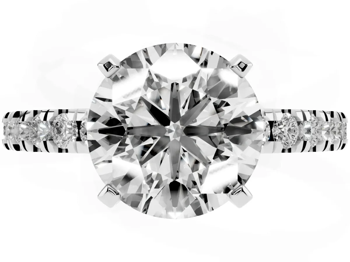 Round Cut Solitaire Diamond with Pavé Band and Four-Prong Setting Silver